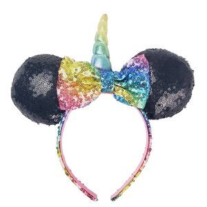 Disney Parks Minnie Mouse Ears Girls One-Size Rainbow Unicorn Sequin Collectible